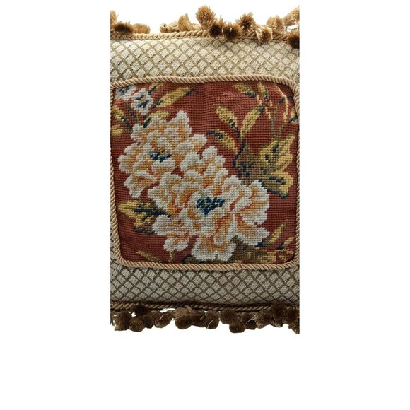 Vintage Floral Needlepoint Tapestry Throw Pillow With Tassel Trim Beige & Rust - Picture 5 of 10